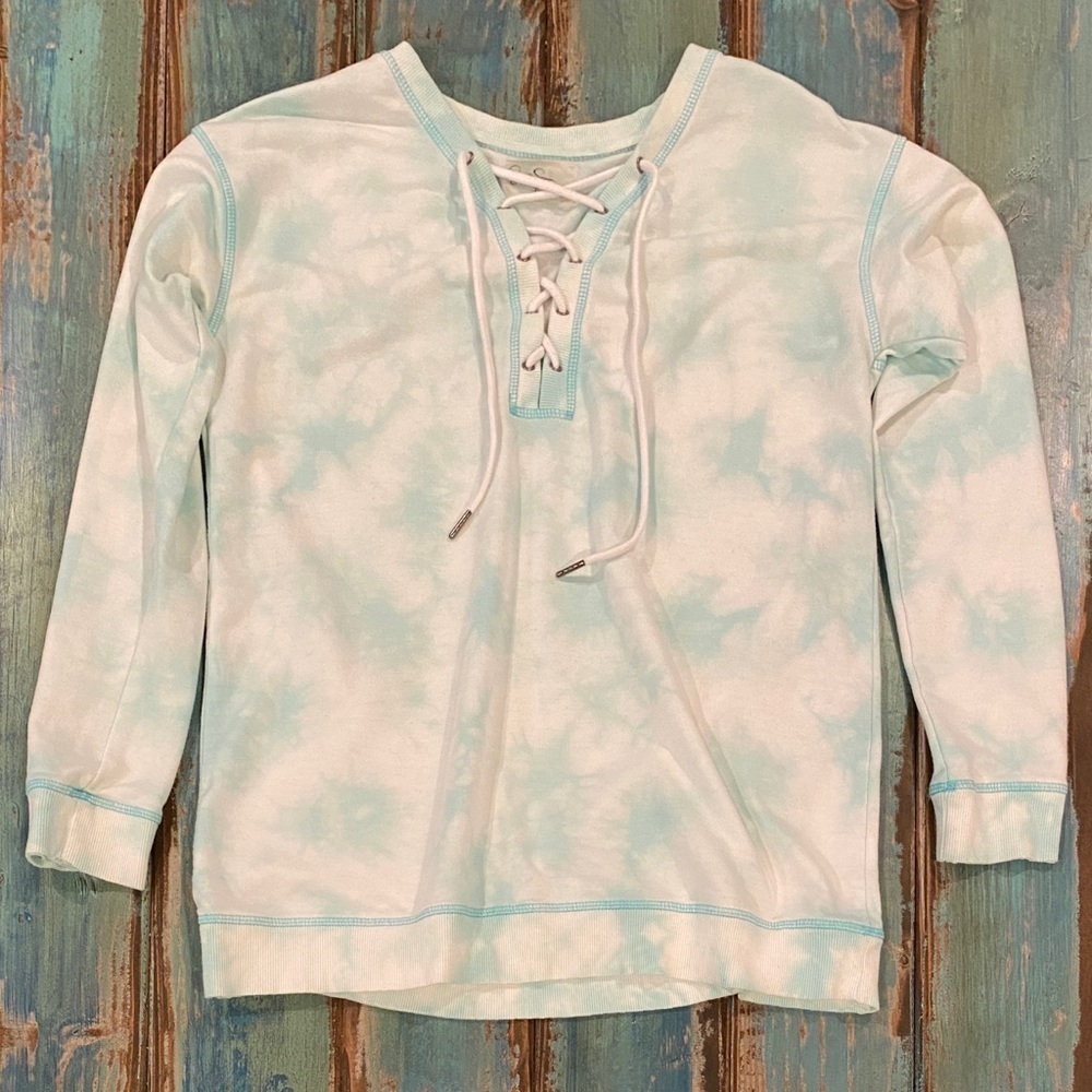 Jessica Simpson Warm Up Sweatshirt Tie Dye Lace Up Aqua / Seafoam Green Size Md